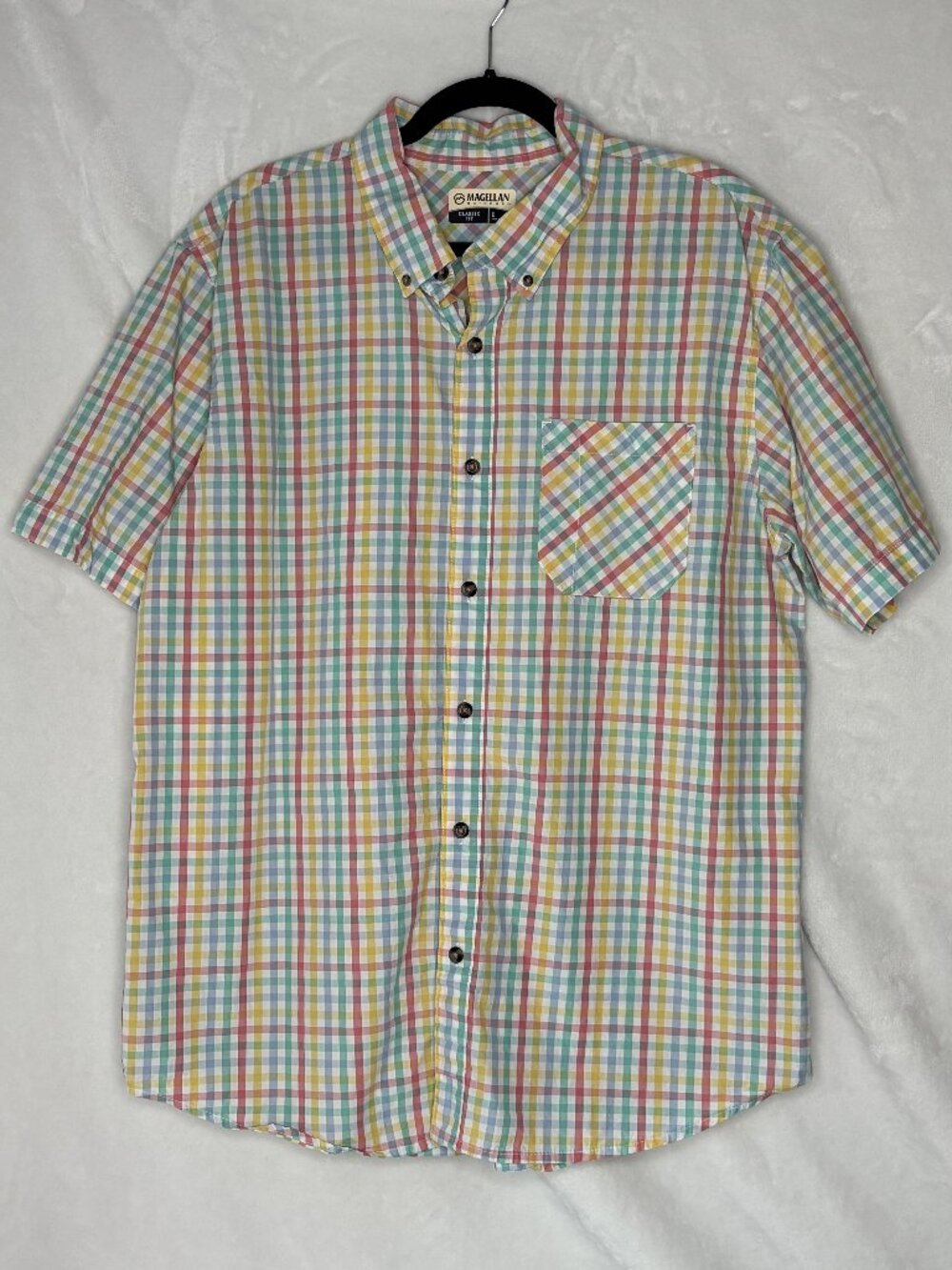 Magellan Classic Fit Pastel Plaid Button Up Short Sleeve Shirt - Size L
